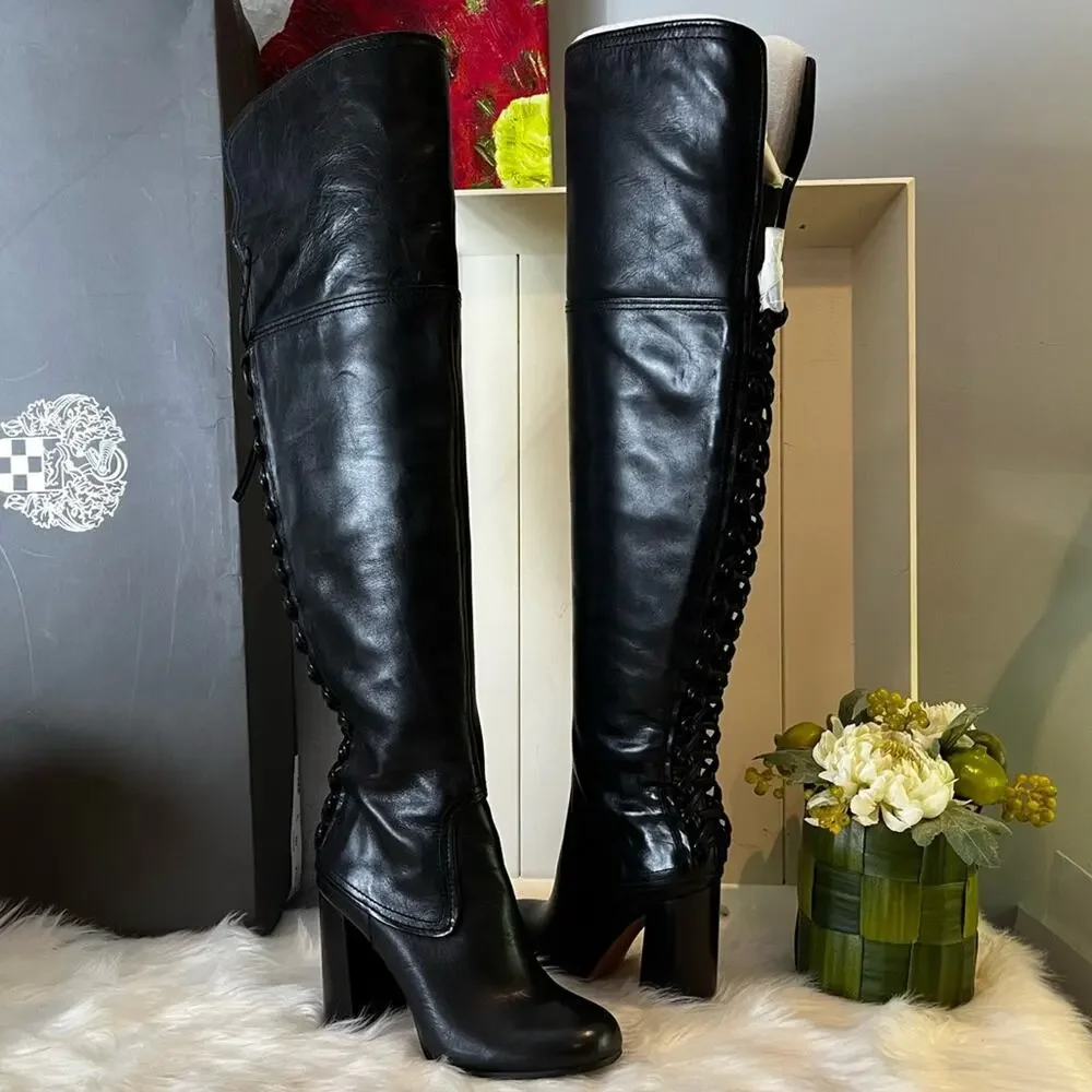 NEW Vince Camuto Corset Calf Leather Laced Tolla Over The Knee Boots Black Sz 6